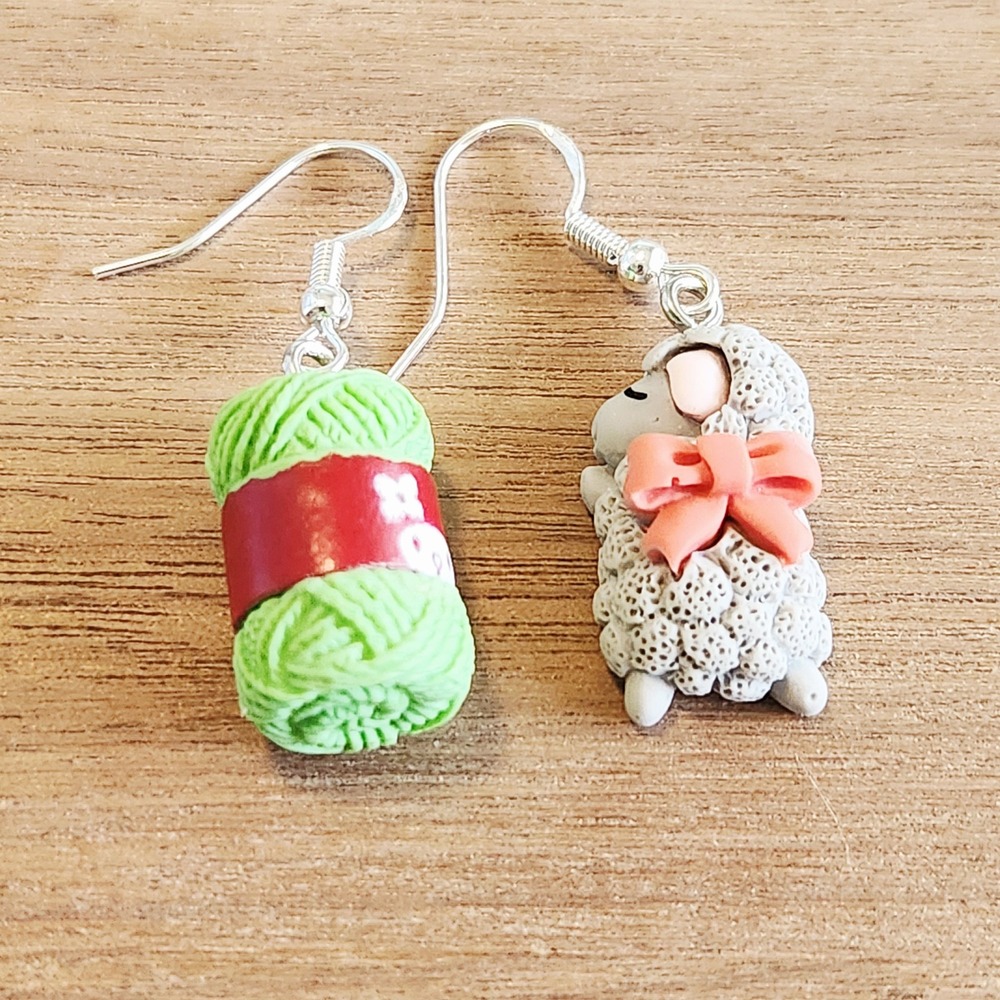 Handmade Cute Sheep Yarn Ball Dangle‎ Earrings Unique Gift for Crafters